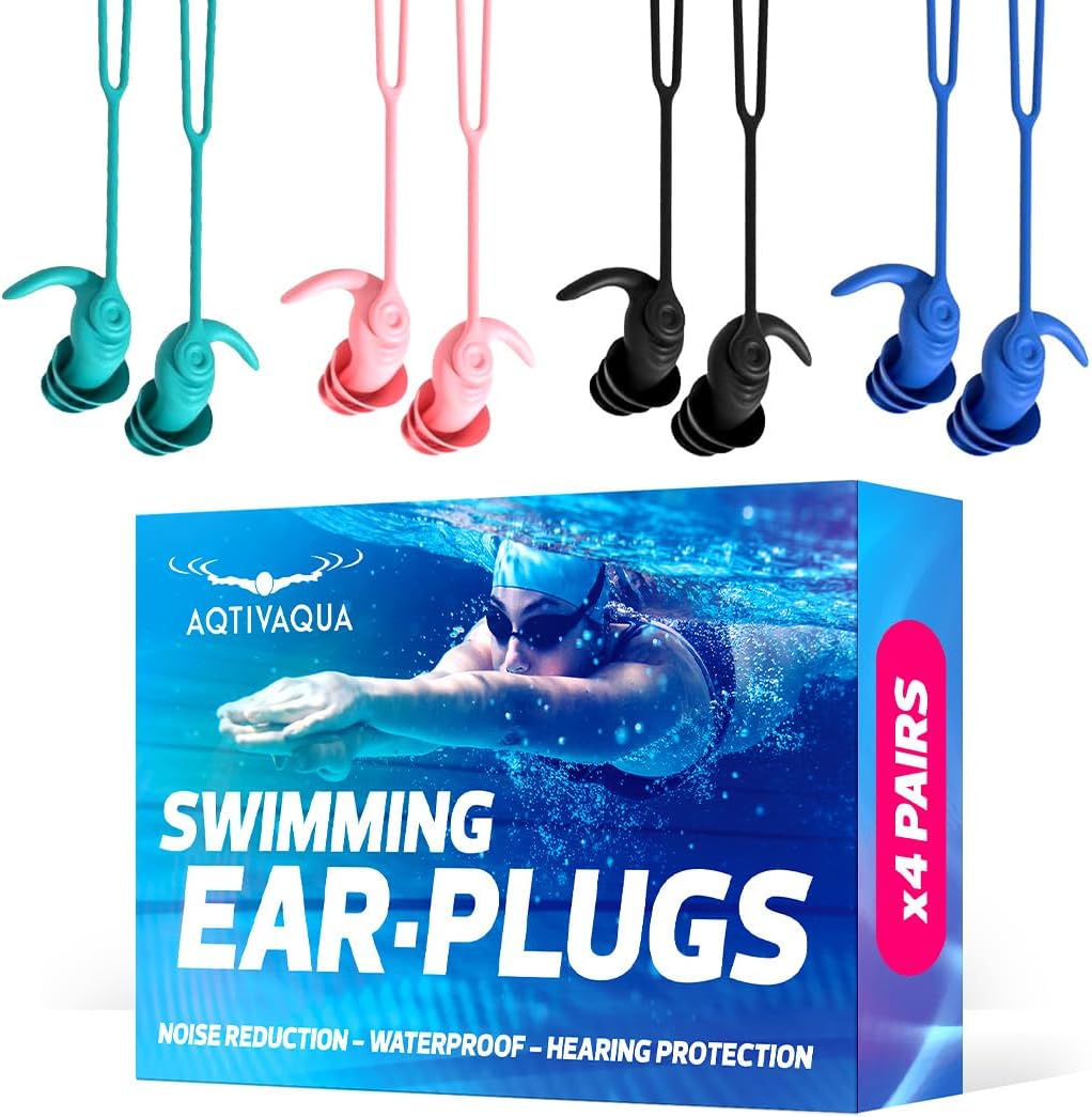 AqtivAqua Ear Plugs for Swimming – 4x Pairs (4 Colors) Soft Silicone Swimming Ear Plugs, Waterproof &amp; Comfortable Secure Fit Swim Ear Plugs for Surfing, Snorkeling, all Water Sports, for Adults &amp; Teens